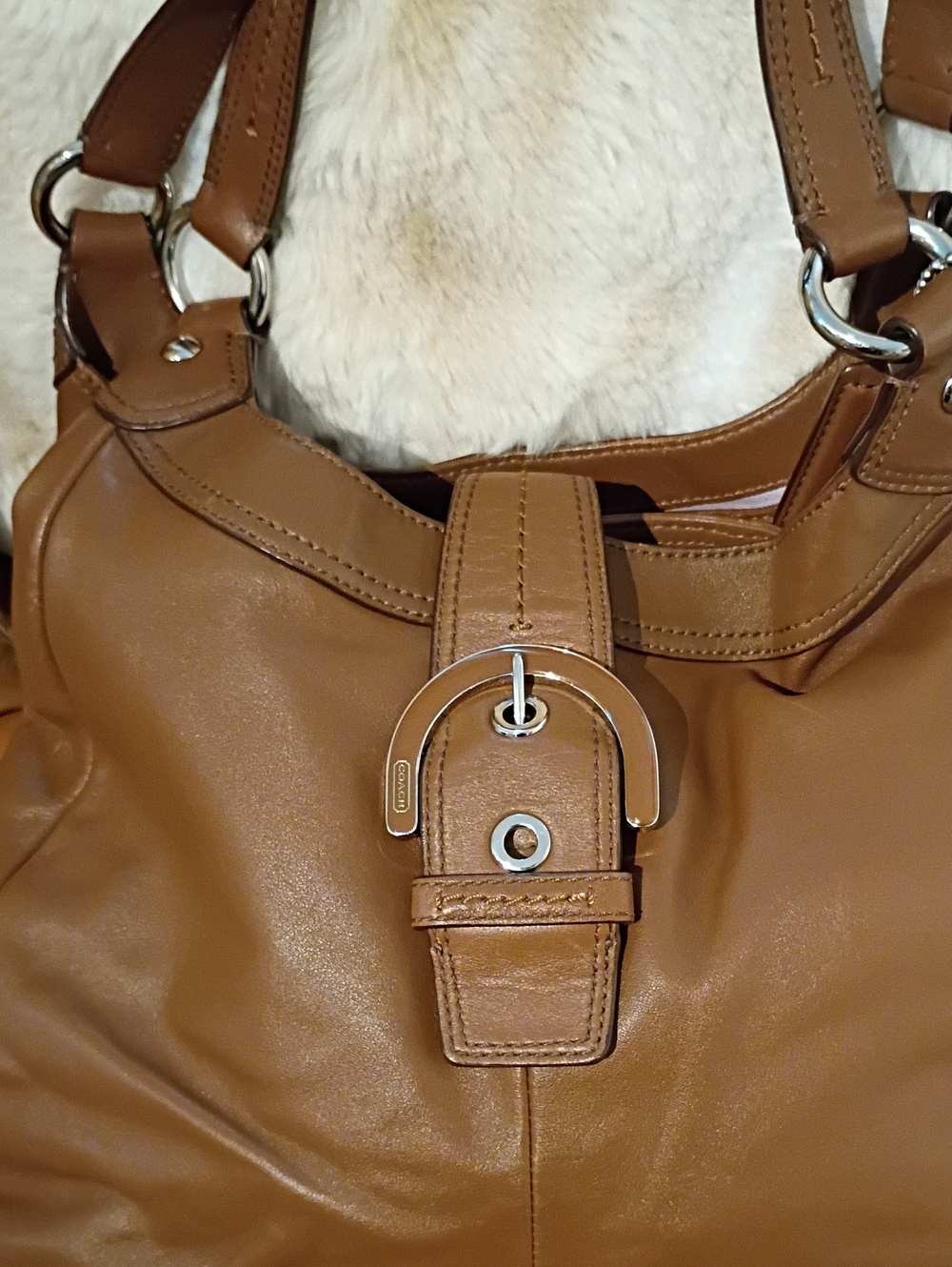 Coach Cognac Brown Leather Shoulder Bag with Silver Buckle